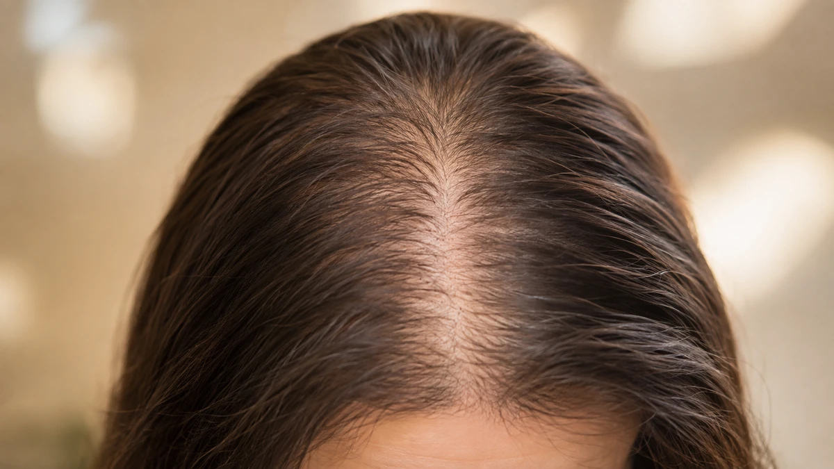 Raya del pelo ensanchada por alopecia androgénica en una mujer