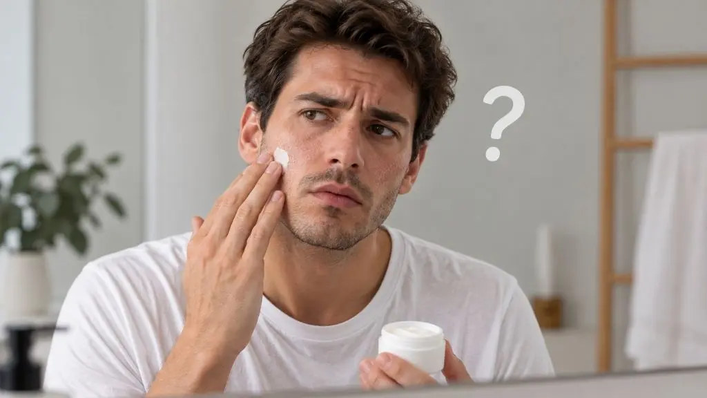 Hombre con piel seca aplicándose crema hidratante en el rostro